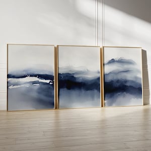 Impresiones de acuarela azul marino ombré - Juego de 3, arte abstracto azul para pared, decoración moderna de pared, impresiones artísticas azul oscuro, póster de papel mate premium
