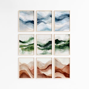 Modern Navy Blue Abstract Wall Art Bundle - set of 9, Printable Watercolor Terracotta Prints, Minimalist Green Wall Art, Digital Download