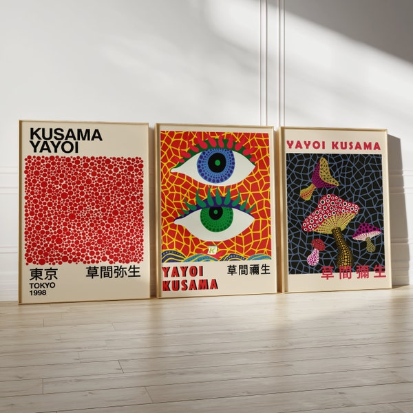 Yayoi Kusama Prints 3er Set, Yayoi Kusama Poster, Kusama Punkte, Kusama Augen, Kusama Ausstellungsdrucke, Galerie Wandset, Japanische Wandkunst