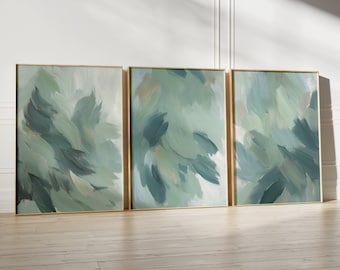 Dusty Green Minimalist Gallery Wall, Set of 3 Printable Wall Art Prints , Large Above Bed Decor, Abstract Blue Art Prints, Instant Download