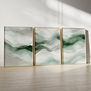 Modern Emerald Green Abstract Wall Art Set, Sage Green Minimalist Watercolor Prints for Living Room and Bedroom, Large 3 Piece Digital