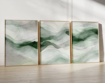 Ensemble d'art mural abstrait moderne vert émeraude, impressions aquarelle minimalistes vert sauge pour salon et chambre à coucher, grand 3 pièces numériques