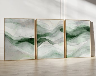Moderne smaragdgroene abstracte muurkunstset, saliegroen minimalistische aquarelprints voor woonkamer en slaapkamer, groot 3-delig digitaal