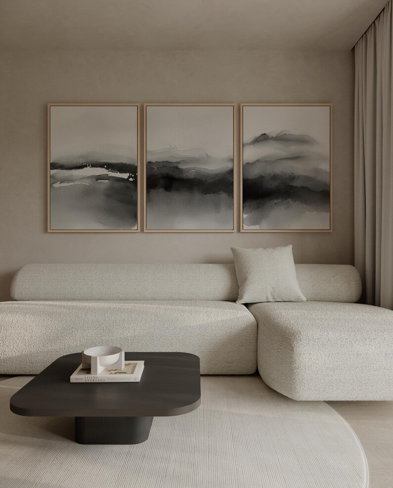 Set of 3 Black and White Wall Art, Watercolor Art Prints, Abstract Poster Set, Bedroom Print Set, Grey Printable Print Set, Digital Download image 3