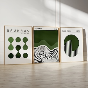 Póster Bauhaus verde caqui (juego de 3), paquete minimalista para pared, decoración de sala de estar, arte geométrico de pared, póster de papel mate premium