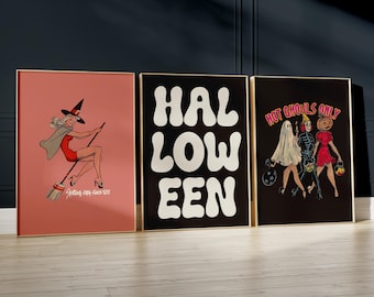Retro Halloween Posters - Set of 3, Hot Ghouls Only Print, Funny Witch Wall Art, Feminist Halloween Print, Cute Spooky Vintage Wall Decor