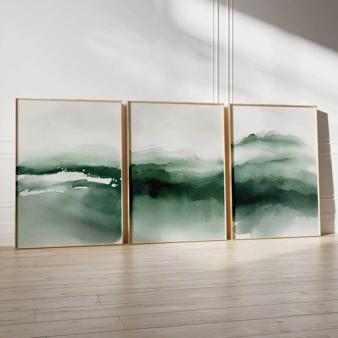 Emerald Green Ombre Watercolor Prints - Set of 3, Abstract Green Wall ...