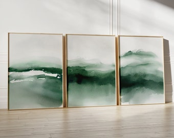 Emerald Green Ombre Watercolor Prints - Set of 3, Abstract Green Wall Art, Modern Wall Decor, Green Art Prints, Premium Matte Paper Poster