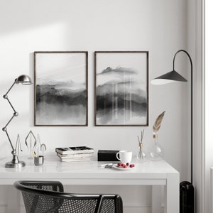 Set of 3 Black and White Wall Art, Watercolor Art Prints, Abstract Poster Set, Bedroom Print Set, Grey Printable Print Set, Digital Download image 7