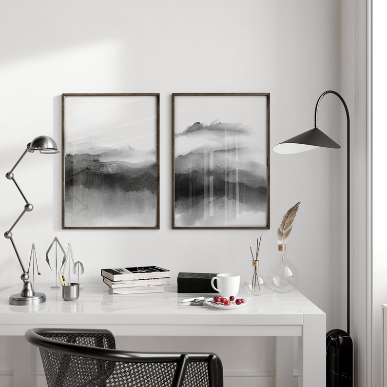 Set of 3 Black and White Wall Art, Watercolor Art Prints, Abstract Poster Set, Bedroom Print Set, Grey Printable Print Set, Digital Download image 7