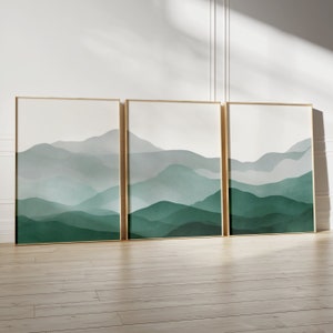 Modern Emerald Green Abstract Wall Art Set, Sage Green Minimalist Watercolor Prints for Living Room and Bedroom, Large 3 Piece Digital