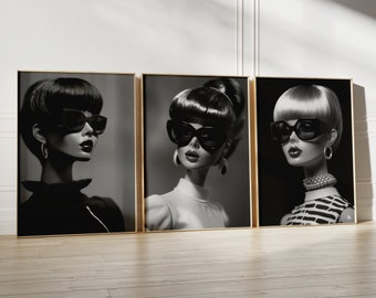 Monochrome Dollcore Poster – Retro Girl Print in Black and White, Minimal Fashion Wall Art for Soft Girl or Coquette Room