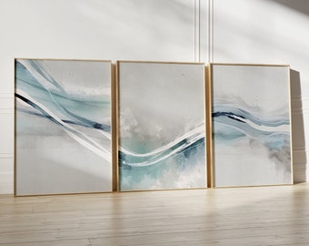 Downloadable 3 Piece Wall Art Set, Modern Nordic Abstract Prints, Light Blue, Neutral Colors, Minimalist Gallery Wall, Printable Wall Art