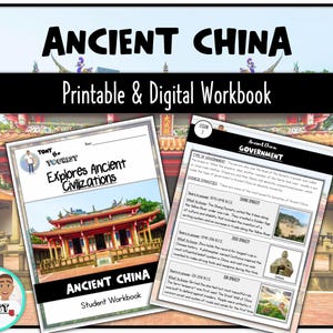 May include: A colorful workbook titled "Ancient China" with a picture of a traditional Chinese building. The workbook is part of a series called "Tony the Tourist Explores Ancient Civilizations".