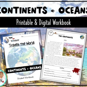 Cahier d'exercices d'information sur les passages de lecture sur les continents et les océans avec des tâches de stratégie de lecture