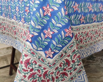 Blue Block Print tablecloth, Indian Floral Table Cover, Farmhouse Tablecloth, Gift For New Home Cotton Table Linen custom table cloth