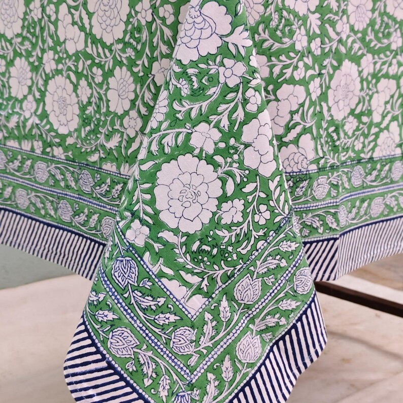 Green Block Printed table cloth, Indian Floral Table Cover, Farmhouse Tablecloth, Gift For New Home Cotton Table Linen custom table cloth