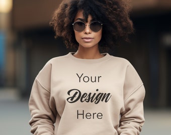 Gildan 18000 mockup | Effective POD mockup | Woman in beige sweatshirt | Showcase your design! | Free size chart included (inch + cm)