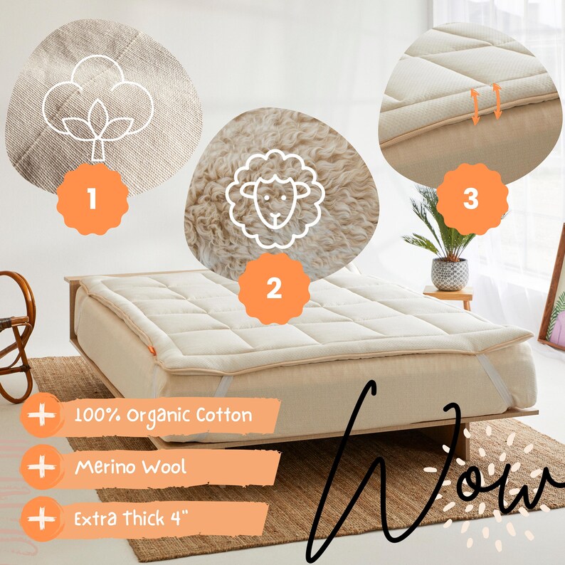 Merino Wool Pillow Top Mattress Topper 4 Extra Thick Mattress Pad