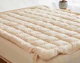Biologische Merinowol Pillow Top Matras Topper 2" | Handgemaakte dikke matras Pad Biologisch Katoen 400 TC Cover | Voor verlichting van rugpijn