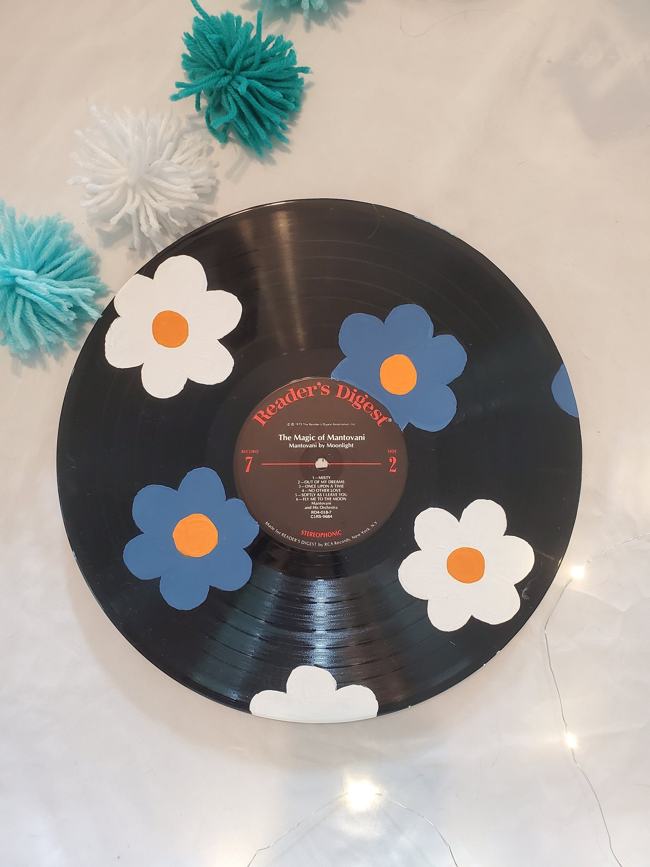 Hand Painted Auburn/ Blue and Orange Flower Design Vinyl Record - Etsy
