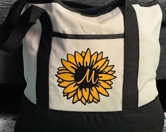 Custom Sunflower Tote Bag with Pocket - Personalized Monogram Design
