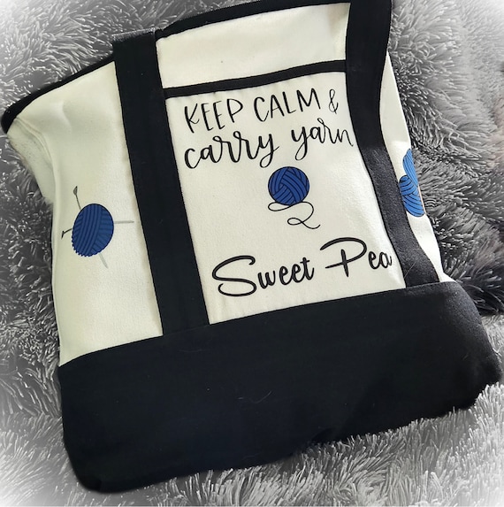 Personalized Keep Calm and Carry Yarn, Knitting or Crochet Canvas Tote Bag Designed with HTV, Outside Pocket