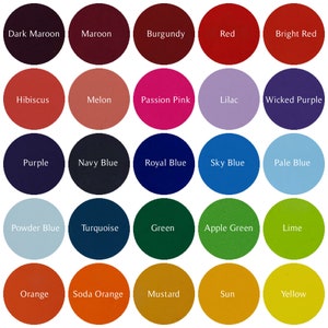 May include: A color chart featuring 25 circular swatches, each displaying a different color. Colors range from dark maroon and red to sky blue and lime green. Each swatch has a color name printed in white text.