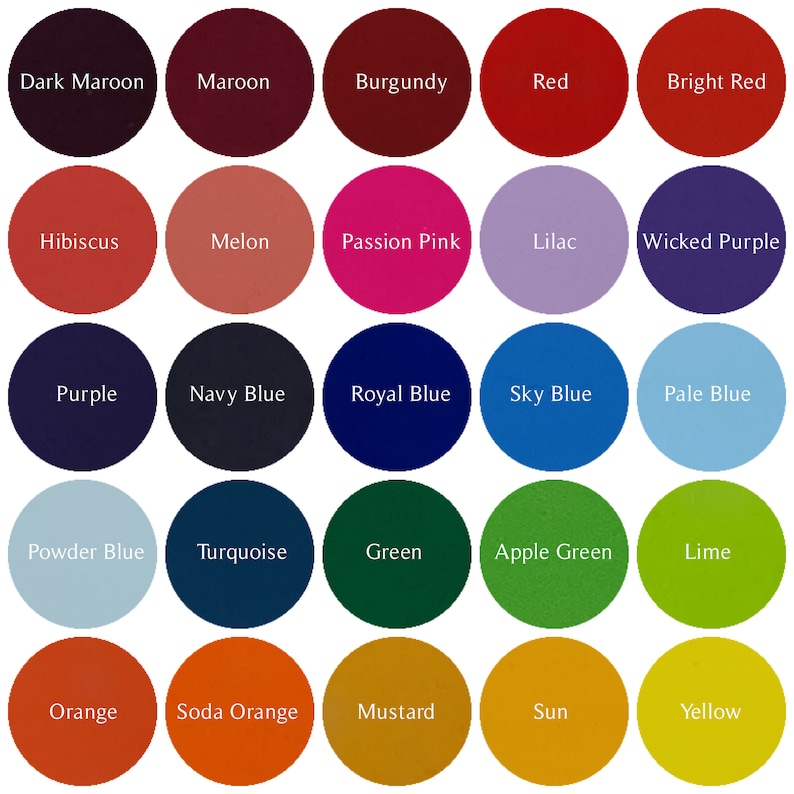 May include: A color chart featuring 25 circular swatches, each displaying a different color. Colors range from dark maroon and red to sky blue and lime green. Each swatch has a color name printed in white text.