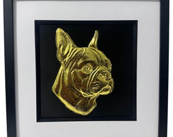 Boston Terrier Gold or Silver Leaf Framed 3D Wall Art