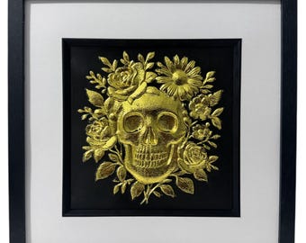 Schädel Floral 3D Wandkunst Gold oder Silbergerahmt
