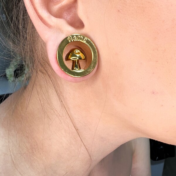 A pair of Custom plugs, Mushroom plug, Mushroom tunnels, Mushroom jewelry, ear tunnels