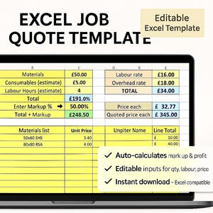 Può includere: Uno schermo di un laptop mostra un modello di preventivo di lavoro Excel. Il foglio di calcolo include sezioni per materiali, manodopera e spese generali, con calcoli per il totale e il ricarico. Il testo sullo schermo recita "Modello di preventivo di lavoro Excel" e "Modello Excel modificabile."