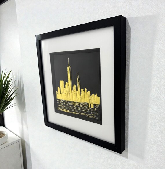 New York Skyline 3D Wall Art, Framed Cityscape Artwork in Gold or