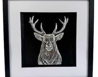 Stag 3D Wall Art Framed Gold or Silver Leaf Deer Artwork Luxury Wildlife Decor