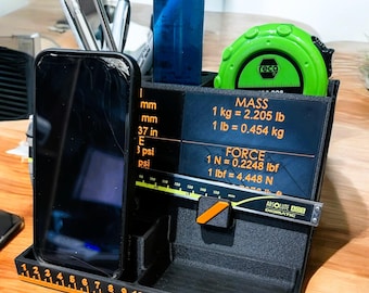 Organizador de escritorio para ingenieros con tabla de conversión de unidades/portaherramientas para calibradores, reglas, cintas métricas y teléfonos