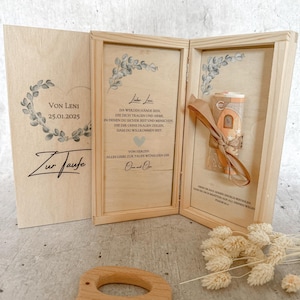Personalisierte Geldgeschenkbox zur Taufe mit Eukalyptus-Motiv – ideales Taufgeschenk für Jungen und Mädchen.Geldgeschenk Box.