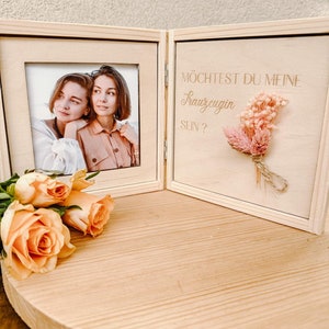 Möchtest du meine Trauzeugin werden? –Geschenkbox mit Trockenblumen & personalisierter Holzscheibe –Trauzeugin fragen–Perfektes Hochzeits-