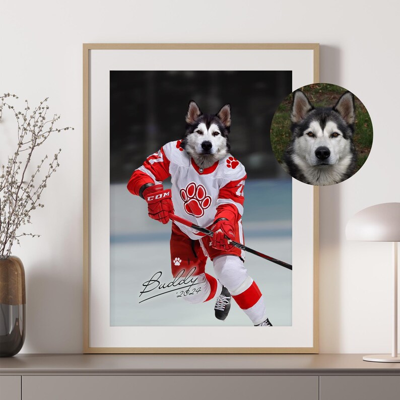 Portrait d'animal de compagnie personnalisé, cadeau pour amateur de hockey, animal de compagnie de hockey, portrait d'animal de compagnie de sport, cadeau hockey amusant, hockey pour animaux de compagnie personnalisé, cadeau pour amateur de sport, Detroit image 3