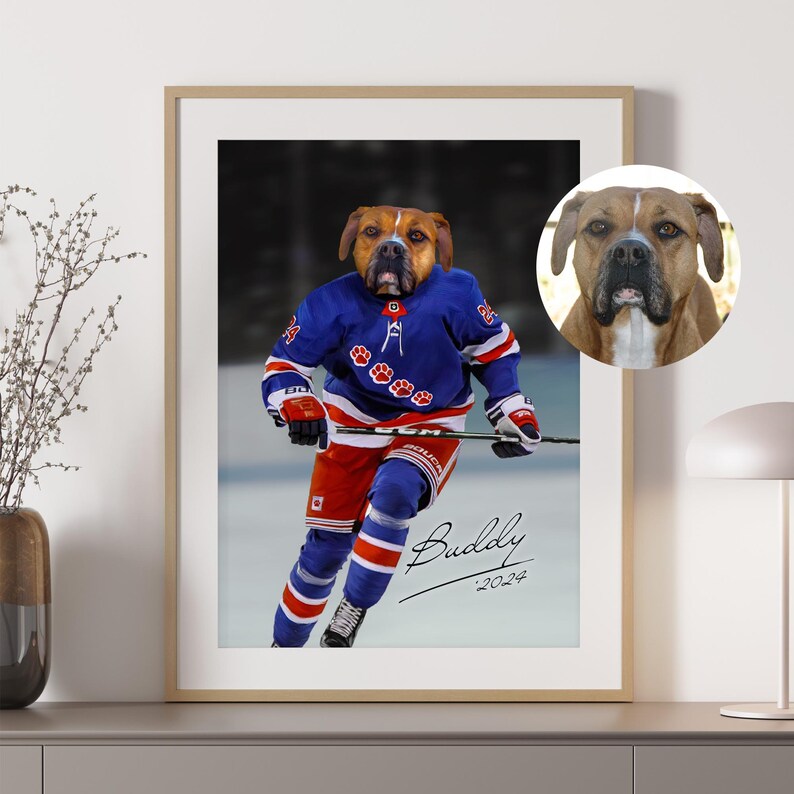 Custom Pet Portrait, Hockey Lover Gift, Hockey Pet, Sports Pet Portrait, Funny Hockey Gift, Custom Pet Hockey, Sports Lover Gift, New York image 3