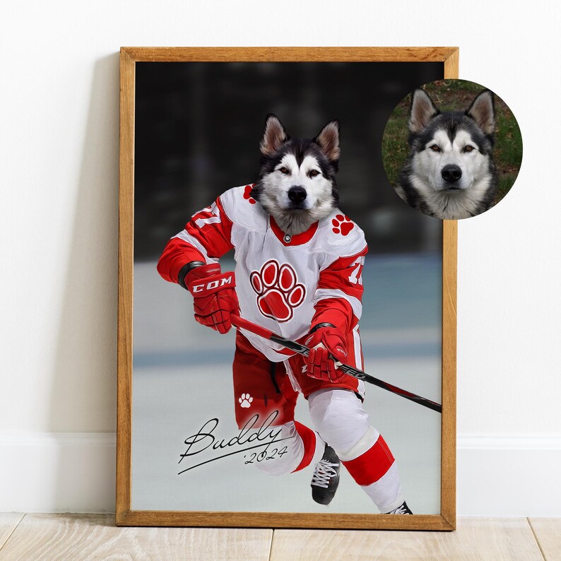 Portrait d'animal de compagnie personnalisé, cadeau pour amateur de hockey, animal de compagnie de hockey, portrait d'animal de compagnie de sport, cadeau hockey amusant, hockey pour animaux de compagnie personnalisé, cadeau pour amateur de sport, Detroit image 5