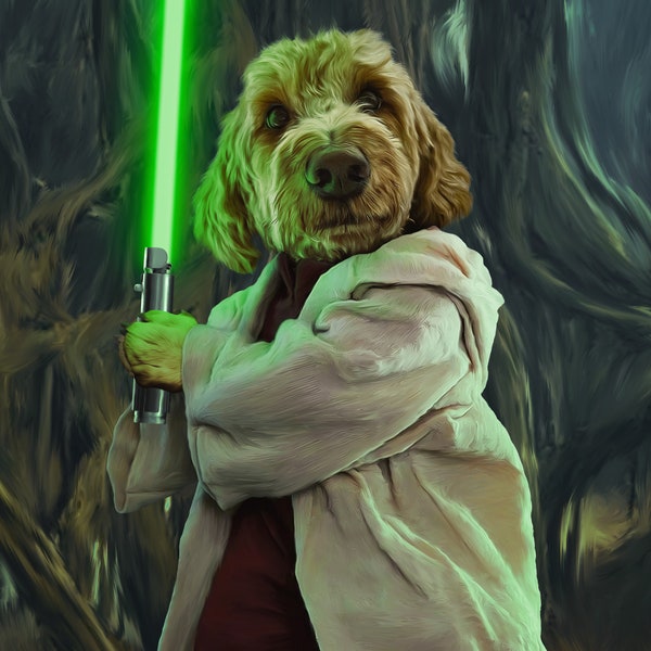 Pet Portrait Jedi, Baby Yoda Art Funny Pet Lover Gift, Star Wars, Custom Dog Portrait, Star Wars Pet Portrait Jedi Personalised Pet Portrait