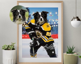Custom Pet Portrait, Hockey Lover Gift, Hockey Pet, Sports Pet Portrait, Funny Hockey Gift, Custom Pet Hockey, Sports Lover Gift, Boston Fan