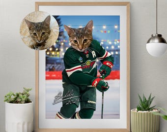 Custom Pet Portrait, Hockey Lover Gift, Minnesota, Sports Pet Portrait, Funny Hockey Gift, Custom Pet Hockey, Sports Lover Gift, Wilds Fan