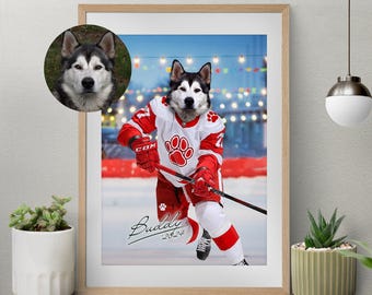 Custom Pet Portrait, Hockey Lover Gift, Hockey Pet, Sports Pet Portrait, Funny Hockey Gift, Custom Pet Hockey, Sports Lover Gift, Detroit