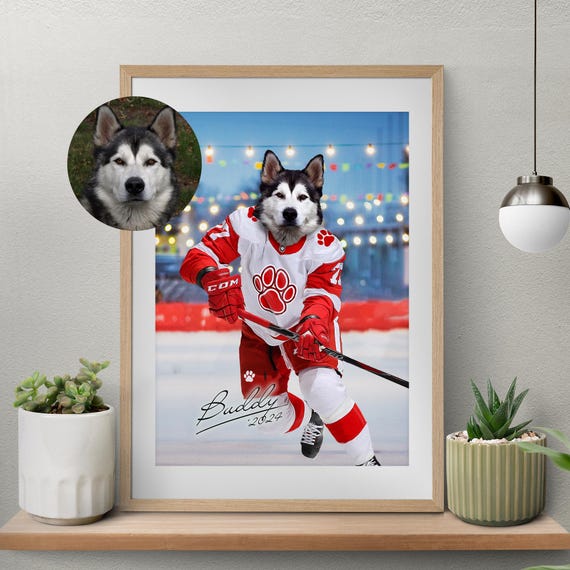Custom Pet Portrait, Hockey Lover Gift, Hockey Pet, Sports Pet Portrait, Funny Hockey Gift, Custom Pet Hockey, Sports Lover Gift, Detroit