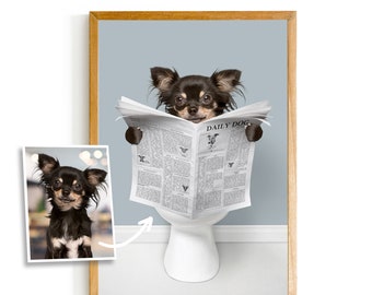 Bathroom Art | Pet Drawing | Pet In Spa | Personalized Gifts | Dog On Toilet Print | Pet Portrait Canvas | Bathroom Portraits
