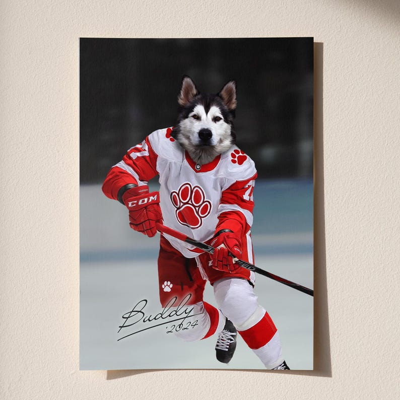 Portrait d'animal de compagnie personnalisé, cadeau pour amateur de hockey, animal de compagnie de hockey, portrait d'animal de compagnie de sport, cadeau hockey amusant, hockey pour animaux de compagnie personnalisé, cadeau pour amateur de sport, Detroit image 6