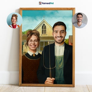 Funny Custom Couple Portrait, Wall Décor, Farmer Portrait, Gift For Farmers, Portrait, Valentine's day Gift for him, American Gothic