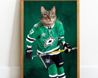 Sports Pet Portrait, Custom Pet Portrait, Custom Dog Portrait, Hockey Portrait Canvas Art, Dallas Hockey, Cat portrait, Dog in Clothes